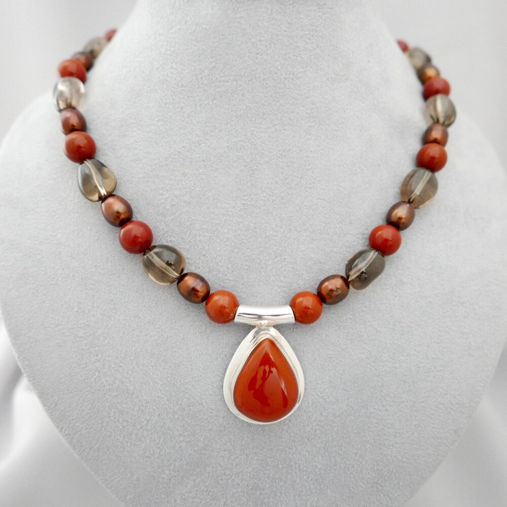 Pendant Necklace: Orange Jasper, Smoky Quartz, Bronze Pearl, Sterling Silver